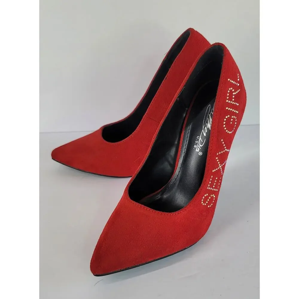 CATHY DIN Red Jeweled Sexy Girl Faux Suede Stiletto Heel Pumps Shoes Size 6